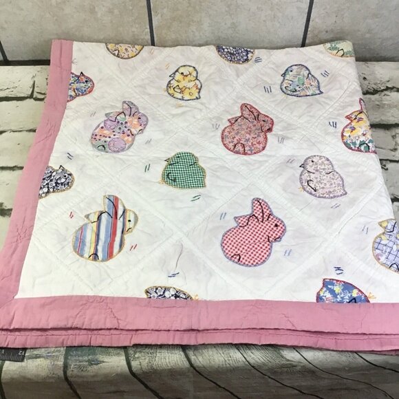 Handmade Quilt Pink Nursery Ducks Bunny Rabbit Print 42” x 42” Square - Picture 5 of 10